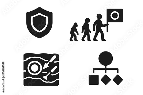 Archaeology Logo Icons. Solid style icons of logo archaeology: layered emblem icon, evolution of icon set, brand crest fossil.