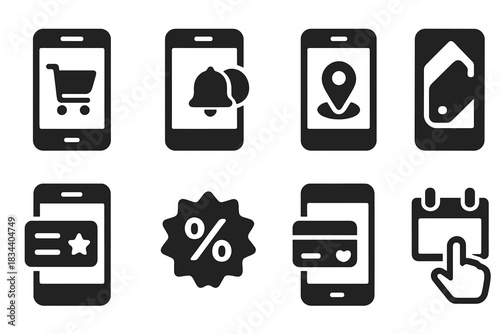 Mobile Retail App Icons. Solid style icons of mobile retail apps: shopping app dashboard, push notification icon, store finder GPS