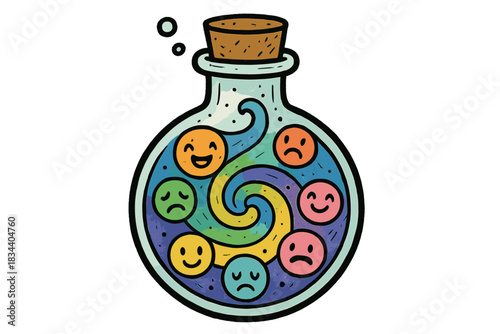 Emotive Potion Swirl. A swirling potion in a flask with tiny faces of different emotions harmonizing in playful doodle style, No