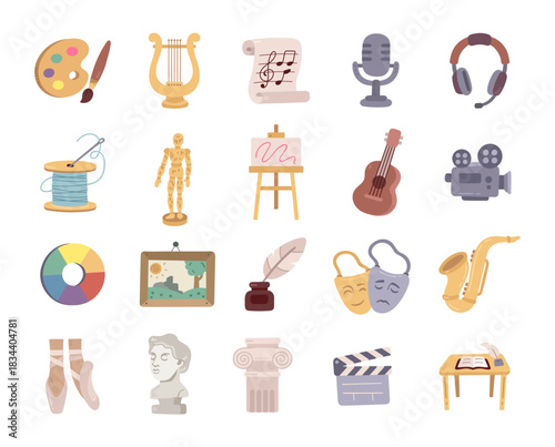 Creativity objects set in scandinavian style for inspiring handmade activities combining music theatre writing sculpture painting recording crafting and educational for your designs projects