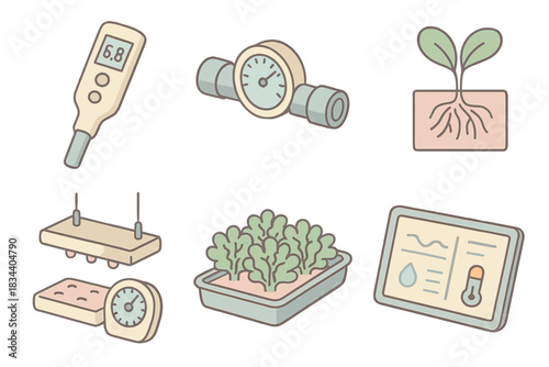 Hydroponic System Icons. Isometric vector illustration set of hydroponic growth system: nutrient solution pH meter, water flow