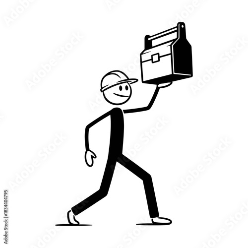 Stick figure carrying toolbox while walking in a simple style  
