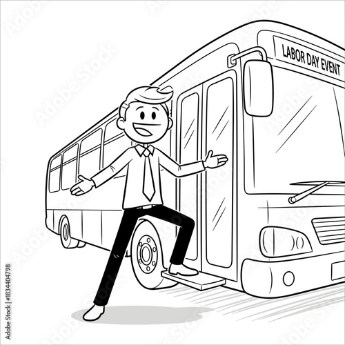 Man stepping off bus and welcoming guests for Labor Day event  
