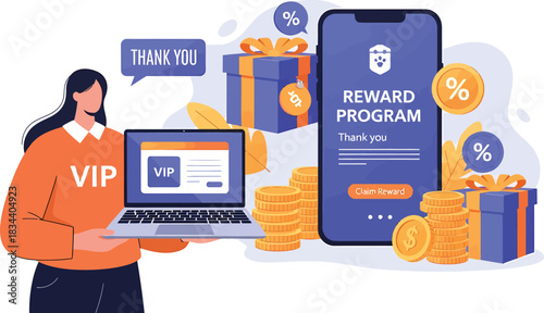Woman with VIP status displays laptop and phone showcasing a rewarding loyalty program with gifts and coins.