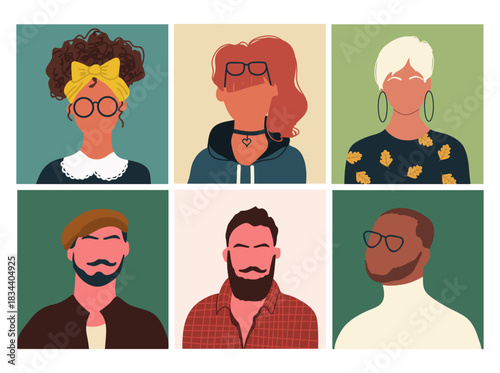 Abstract people portraits set. Faceless male, female characters. Person poster, head avatar, hand drawn vector illustration.