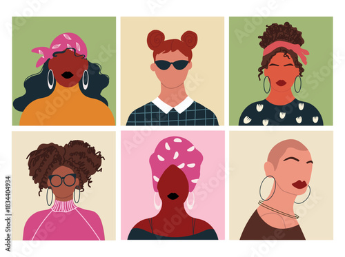 Abstract people portraits set. Faceless, female characters. Person poster, head avatar, hand drawn vector illustration.