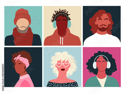 Abstract people portraits set. Faceless male, female characters. Person poster, head avatar, hand drawn vector illustration.