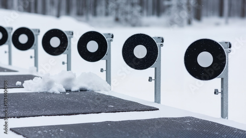 Snow-covered shooting range targets lined up in winter landscape  