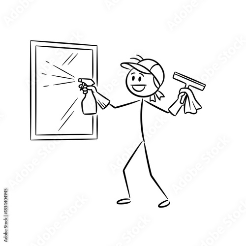 Stick figure cleaning window with spray bottle and squeegee for Labor Day  