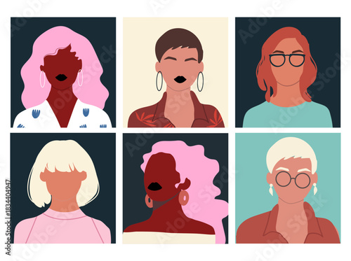 Abstract people portraits set. Faceless, female characters. Person poster, head avatar, hand drawn vector illustration.