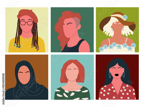 Abstract people portraits set. Faceless, female characters. Person poster, head avatar, hand drawn vector illustration.