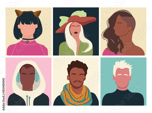 Abstract people portraits set. Faceless male, female characters. Person poster, head avatar, hand drawn vector illustration.