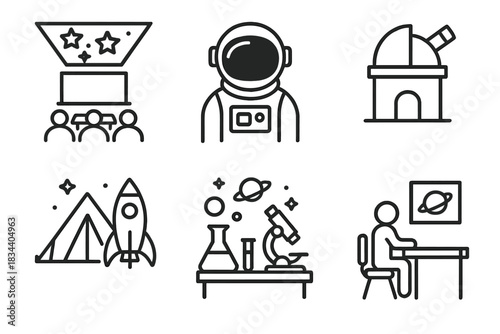 Space Education Icons. Line style icons of space-themed learning environments: classroom with star ceiling, student in space suit,