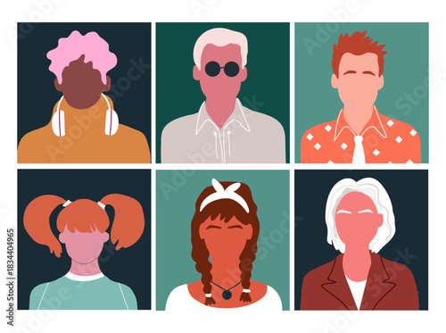 Abstract people portraits set. Faceless male, female characters. Person poster, head avatar, hand drawn vector illustration.