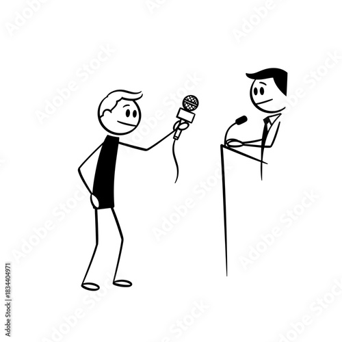 Stick figure man interviewing another man with microphone on stage 