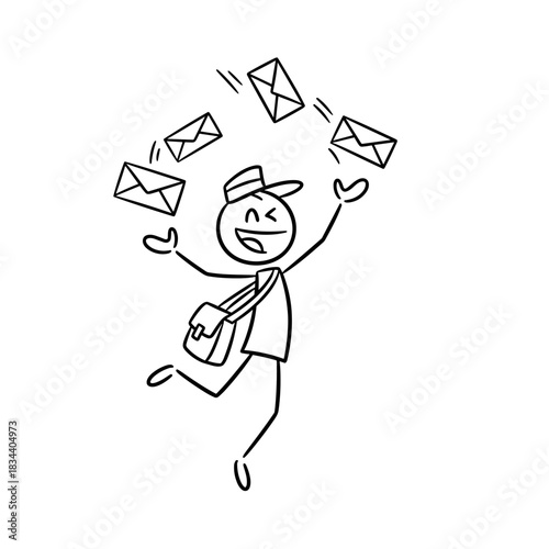 Stick figure of a postman with envelopes, with a happy expression on his face. Labor Day.  