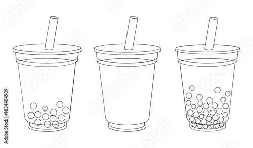 Three outline drawings of bubble tea cups with straws and tapioca pearls on white background Keywords: bubble tea, boba, drink, beverage, cup, straw, tapioca pearls, tapioca, bubble, outline