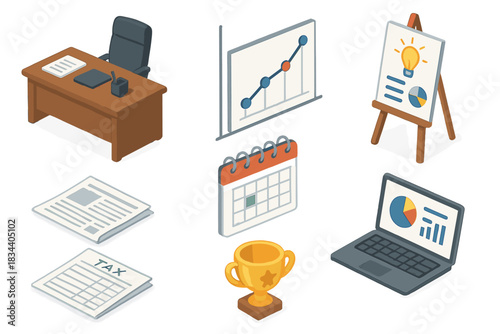 Isometric Business Essentials. Isometric vector illustration set of Business: CEO desk, project milestone graph, startup pitch