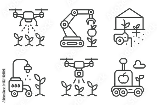 Robotic Farming Icons. Line style icons of robotic farming support: drone spraying crops, harvesting robot arm, soil analysis bot,