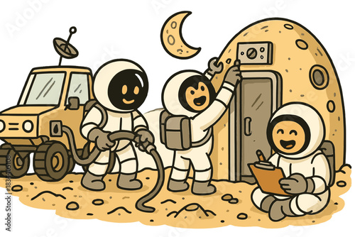 Moon Base Activities. Fun doodle illustration of daily moon base tasks — refueling rover, maintaining airlock, and logging data —