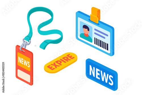 Vibrant Media ID Essentials. Isometric vector illustration set News and media – press pass lanyard, ID card, security clearance