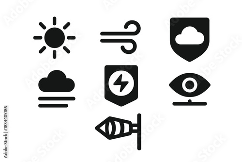 Weather Icons Collection. Solid style icons of weather conditions: clear sky icon, light wind badge, safe conditions panel. Cloud