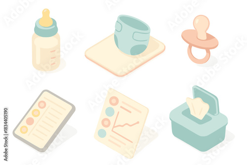 Newborn Care Essentials. Isometric vector illustration set of newborn care management: bottle with milk icon, diaper with changing