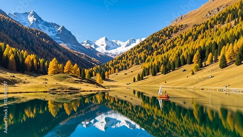 Serene Lake Reflection - Majestic Mountains and Autumnal Forest.