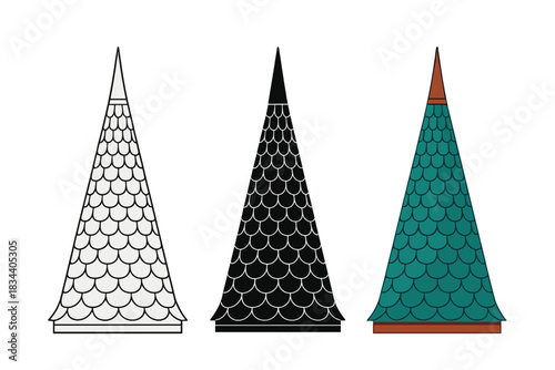 Geometric Slate Spire. Tall spire roof covered in overlapping slate shingles with precise geometric pattern, first in line style