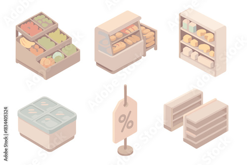 Grocery Store Icons. Isometric vector illustration set of grocery store icons: colorful produce section with fruits and vegetables