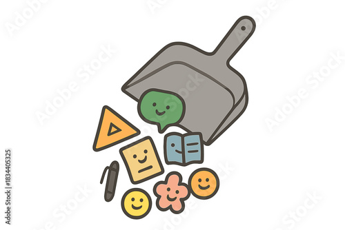 Joyful Clutter Release. A dustpan emptying a small “clutter” icon, with happy doodle items falling gently out, simplified friendly
