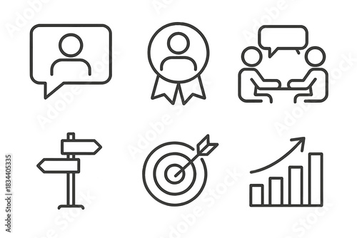 Coaching and Mentoring Icons. Line style icons of coaching and mentoring: coaching speech icon, mentor figure badge, one-on-one