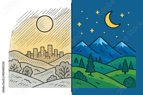 Contrasting Night Skies. Landscape divided by line—left side light-polluted, right side clear and starry, first in line style with