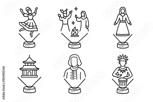 Cultural Hologram Icons. Line style icons of cultural holographic events: folklore dance hologram, ancient ritual projection,
