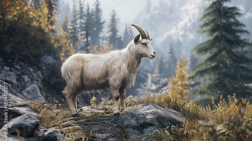 A mountain goat standing on a rocky outcrop with trees and mountains in the background scene view