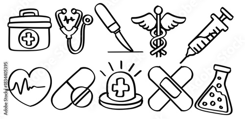 Set of hand drawn Medical theme Isolated Vector