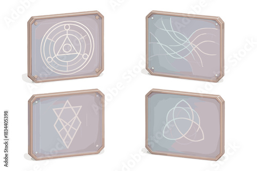 Sacred Cyber Windows. Isometric vector illustration set Sacred cyber windows: alchemical circles, glassy data filaments, polygonal