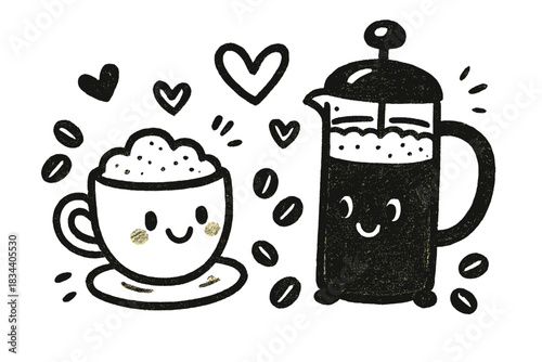 Espresso vs French Press. Playful doodle of espresso vs French press brewing styles, cute cups with different foam textures