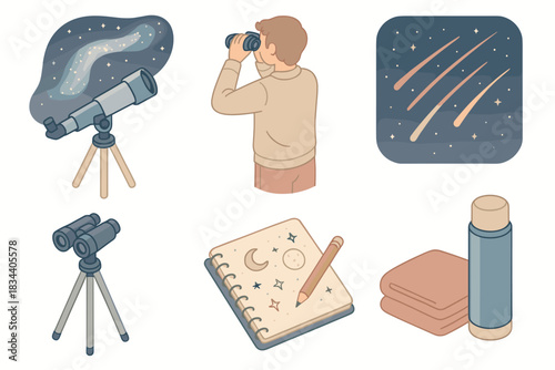Stargazing Essentials. Isometric vector illustration set of night sky observation: telescope aimed at Milky Way, person with