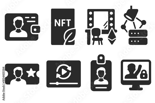 Backstage NFT Icons. Solid style icons of backstage NFT systems: performer wallet panel, NFT greenroom icon, crypto dressing room.