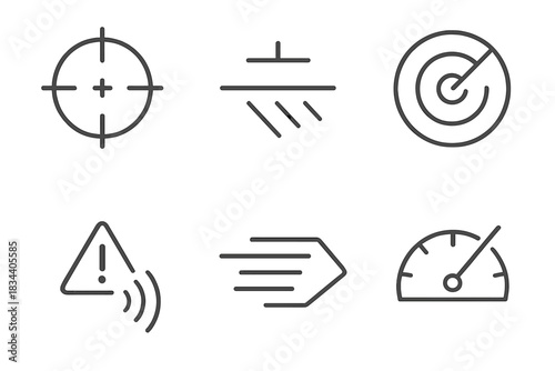 Minimalist HUD Icons. Line style icons of visual indicators and HUD: crosshair aiming screen, tilt angle lines, radar field icon,