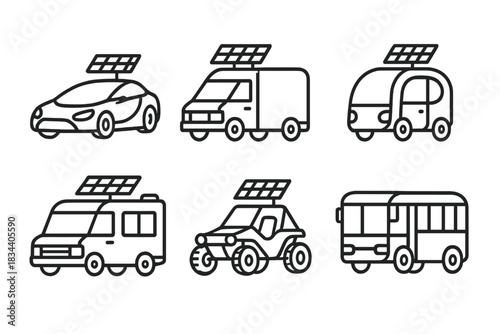 Solar Vehicle Icons. Line style icons of solar vehicle types: two-seater concept car, cargo delivery van, city commuter pod, solar