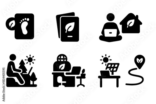 Eco Nomad Icons. Solid style icons of eco-conscious digital nomads: carbon footprint + visa symbol, green travel permit, remote
