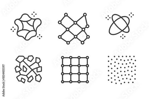 Silent Matter Convergences. Line vector icons of silent matter convergences: motionless dust webs, resting grain nets, still