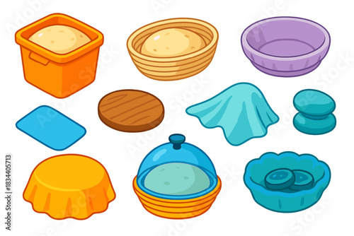 Baking Tools Icons. Isometric vector illustration set Baking tools – dough rising bucket, proofing basket, banneton liner; plastic