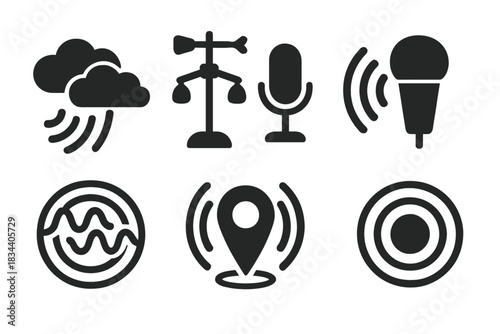Acoustic Weather Icons. Solid style icons of acoustic weather sensing: resonance clouds, echo wind detectors, sonic weather probes