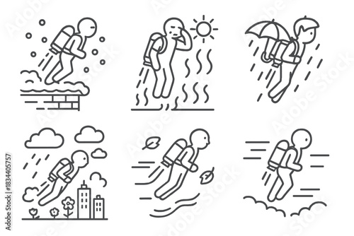 Jetpack Commuting Icons. Line style icons of jetpack commuting during seasons: snowy rooftop takeoff, summer heat cooling mode,