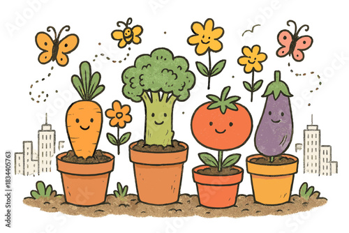 Whimsical Garden Scene. Whimsical doodle of cute vegetables and flowers growing happily in pots surrounded by smiling bees and