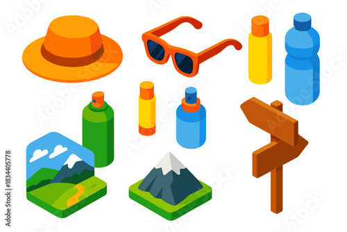 Essential Travel Gear Icons. Isometric vector illustration set Travel gear – hiking hat, sunglasses, sunscreen bottle; insect