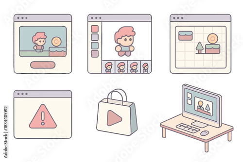 Indie Game Development Tools. Isometric vector illustration set of indie game development tools: playtesting mode window, sprite